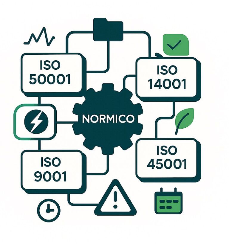 Schematyczna ilustracja przedstawiająca zintegrowane systemy zarządzania ISO – energia, jakość, środowisko i BHP – połączone w spójny mechanizm, symbolizujący praktyczne wdrażanie norm z pomocą kursów i narzędzi Normico