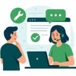 Ilustracja przedstawiająca klienta rozmawiającego z konsultantem Normico poprzez czat lub e-mail, symbolizując wsparcie techniczne i bieżące aktualizacje kursów.