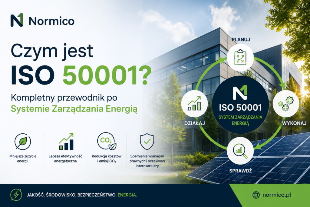 Infografika przedstawiająca system zarządzania energią ISO 50001 z cyklem PDCA oraz najważniejszymi korzyściami wdrożenia normy dla przedsiębiorstw.