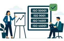 Ilustracja konsultanta omawiającego wdrożenie systemu ISO z zespołem klienta.
